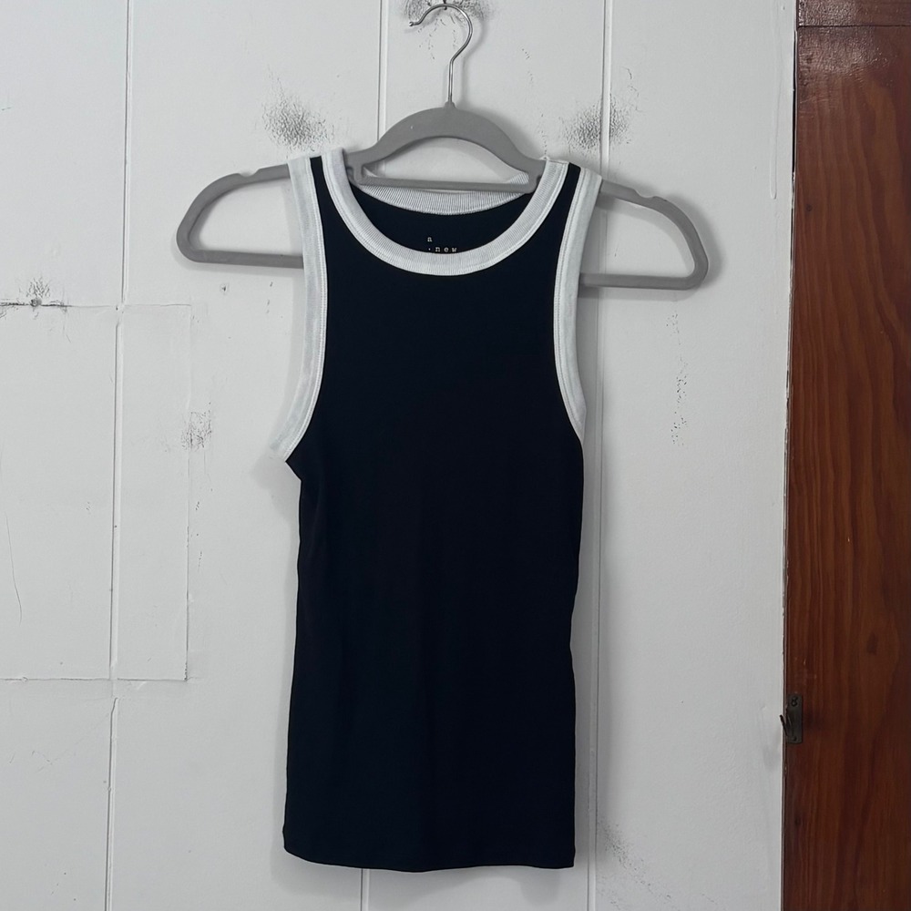 A New Day Womens Medium Black Ribbed High Neck Tank Top White Contrast Trim